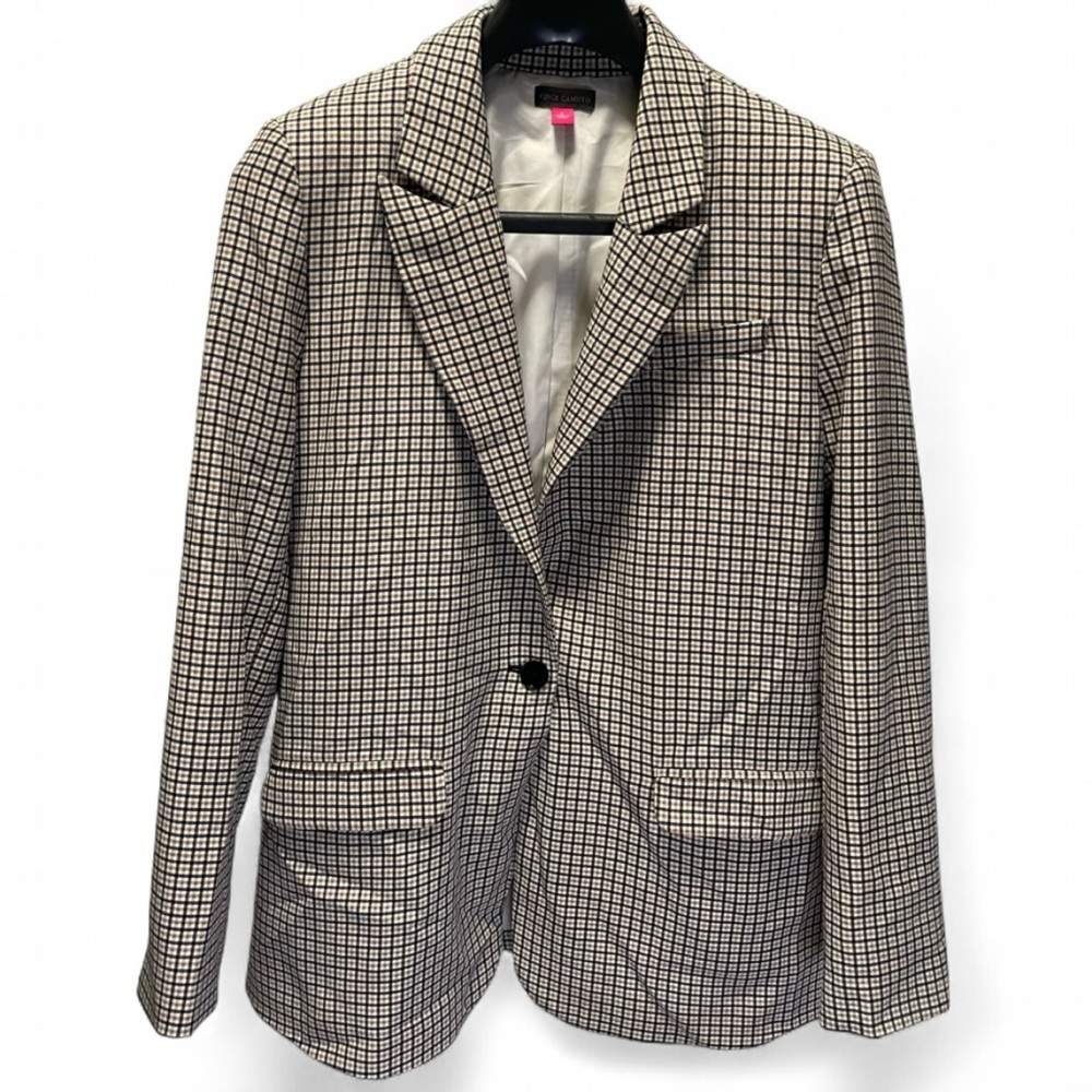 Vince Camuto Checkered Single Button Blazer Women's L Cream Pockets